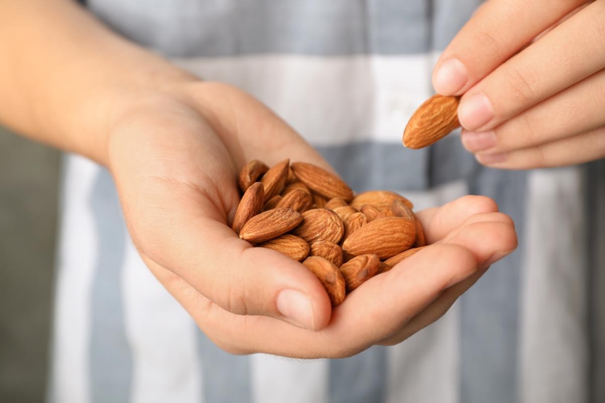 Person holding almonds in their hand.